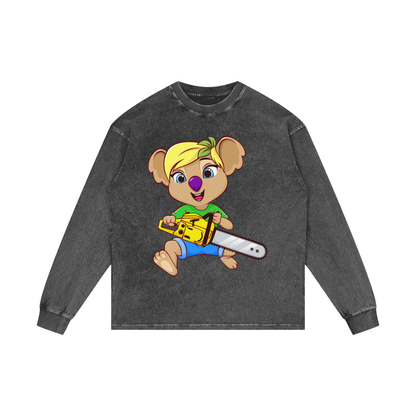 Disney Style Koala Chainsaw Dark Grey Acid Wash Long Sleeve Tee