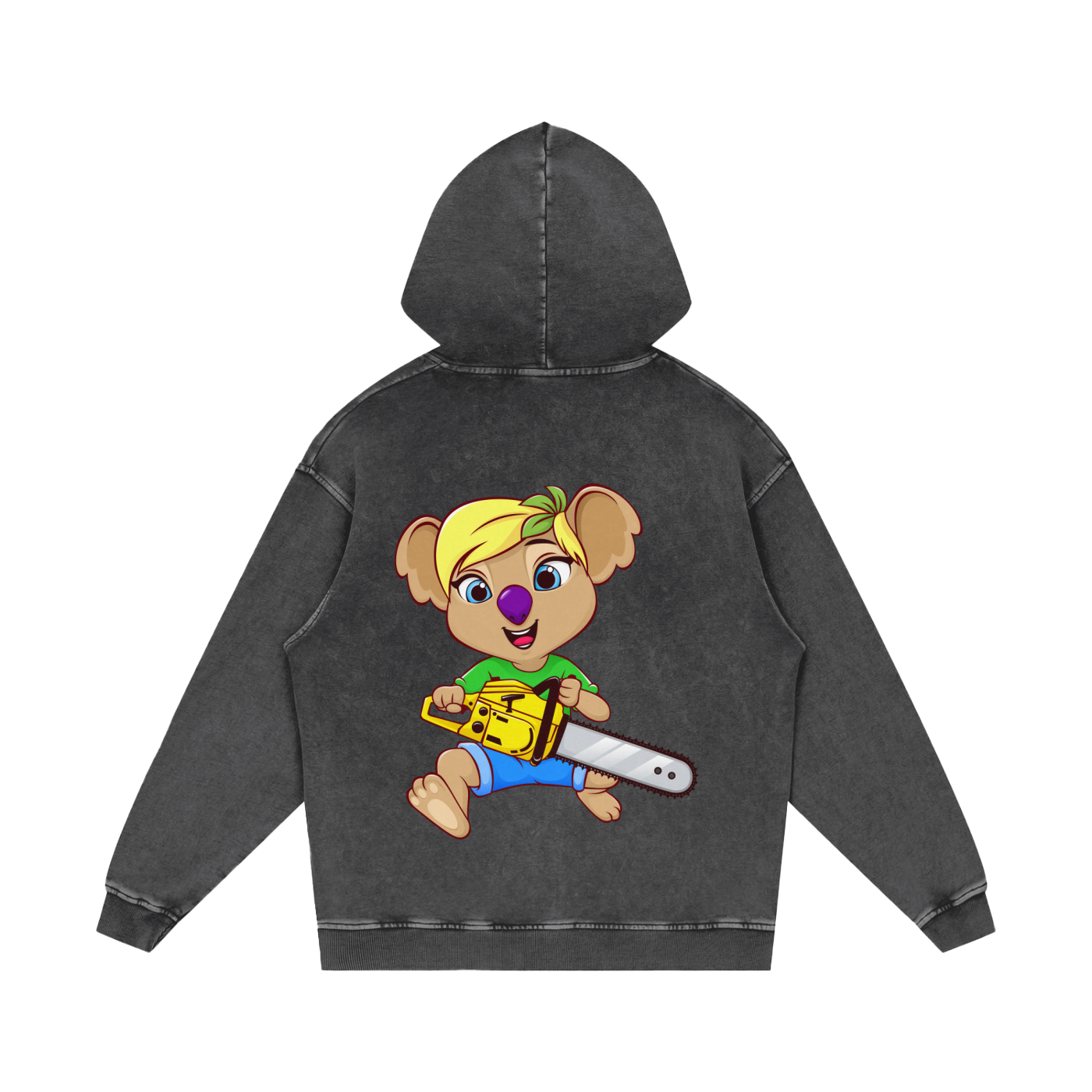 Disney Style Koala Chainsaw Acid Wash Dark Grey Hoodie
