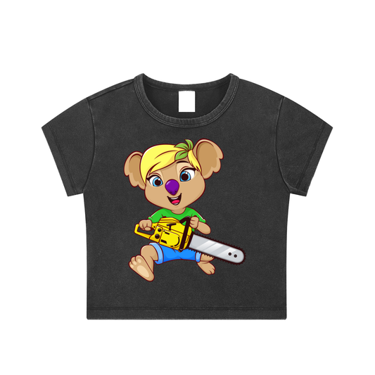 Disney Style Koala Chainsaw Woman's Snow Washed Black Crop Top