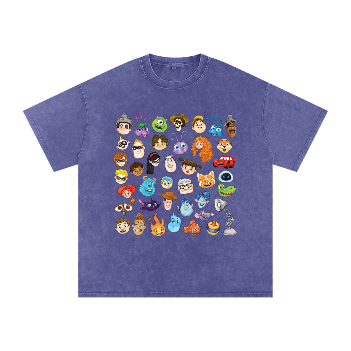 Watercolour Disney Pixar Protagonist Icons Purple Haze Acid Wash Tee, Toy Story, A Bug’s Life, Monsters, Inc., Finding Nemo, The Incredibles, Cars, Ratatouille, WALL-E, Up, Brave, Inside Out, The Good Dinosaur, Coco, Onward, Soul, Luca, Turning Red, Elemental, Elio, Hoppers, Gatto