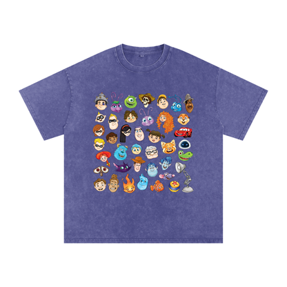 Watercolour Disney Pixar Protagonist Icons Purple Haze Acid Wash Tee, Toy Story, A Bug’s Life, Monsters, Inc., Finding Nemo, The Incredibles, Cars, Ratatouille, WALL-E, Up, Brave, Inside Out, The Good Dinosaur, Coco, Onward, Soul, Luca, Turning Red, Elemental, Elio, Hoppers, Gatto