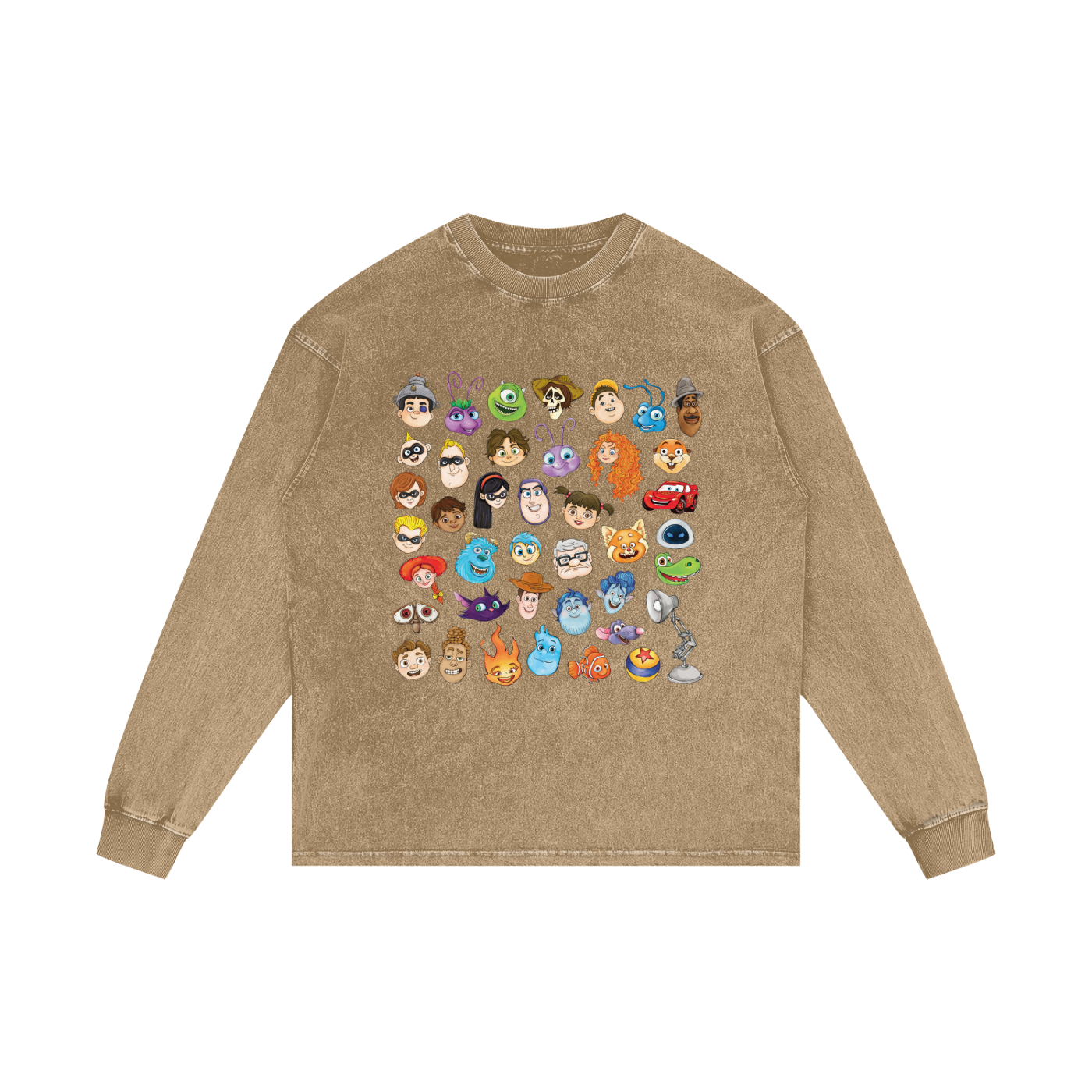 Watercolour Disney Pixar Protagonist Icons Honey Peach Acid Wash Long Sleeve T-Shirt, Toy Story, A Bug’s Life, Monsters, Inc., Finding Nemo, The Incredibles, Cars, Ratatouille, WALL-E, Up, Brave, Inside Out, The Good Dinosaur, Coco, Onward, Soul, Luca, Turning Red, Elemental, Elio, Hoppers, Gatto