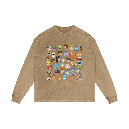 Watercolour Disney Pixar Protagonist Icons Honey Peach Acid Wash Long Sleeve T-Shirt, Toy Story, A Bug’s Life, Monsters, Inc., Finding Nemo, The Incredibles, Cars, Ratatouille, WALL-E, Up, Brave, Inside Out, The Good Dinosaur, Coco, Onward, Soul, Luca, Turning Red, Elemental, Elio, Hoppers, Gatto