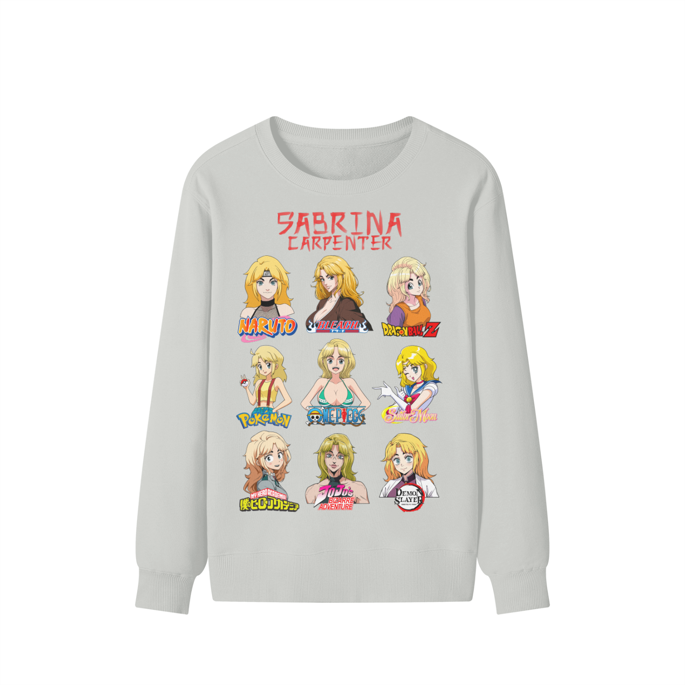 Sabrina Carpenter Anime Art Styles Sage Grey Classic Sweatshirt, Naruto, Bleach, Dragonball Z, Pokémon, One Piece, Sailor Moon, My Hero Academia, Jojo's Bizarre Adventure, Demon Slayer