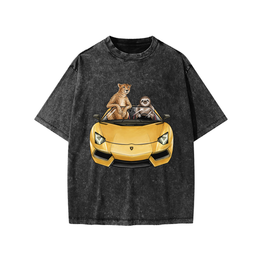 Cheetah & Sloth Lamborghini Aventador Black Snow Washed Kids' Tee