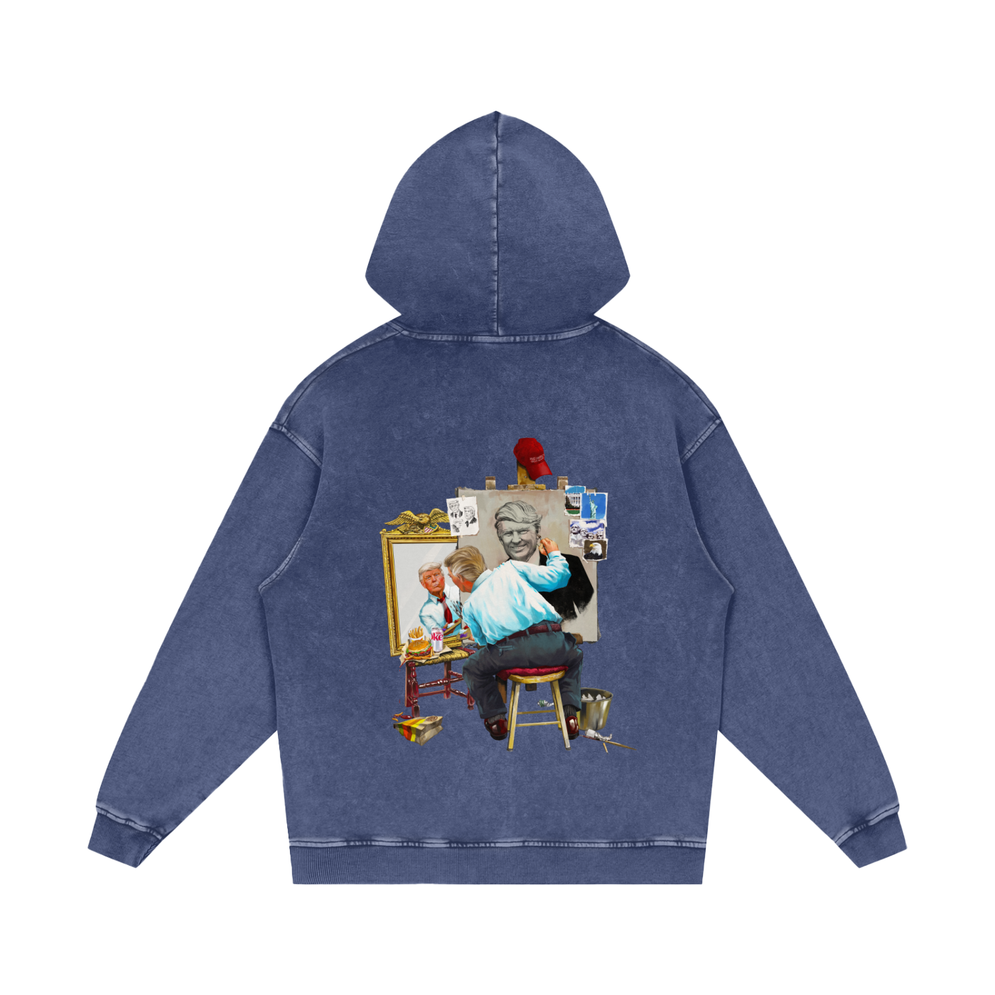 Donald Trump Triple Self Portrait Acid Wash Indigo Steel Blue Hoodie