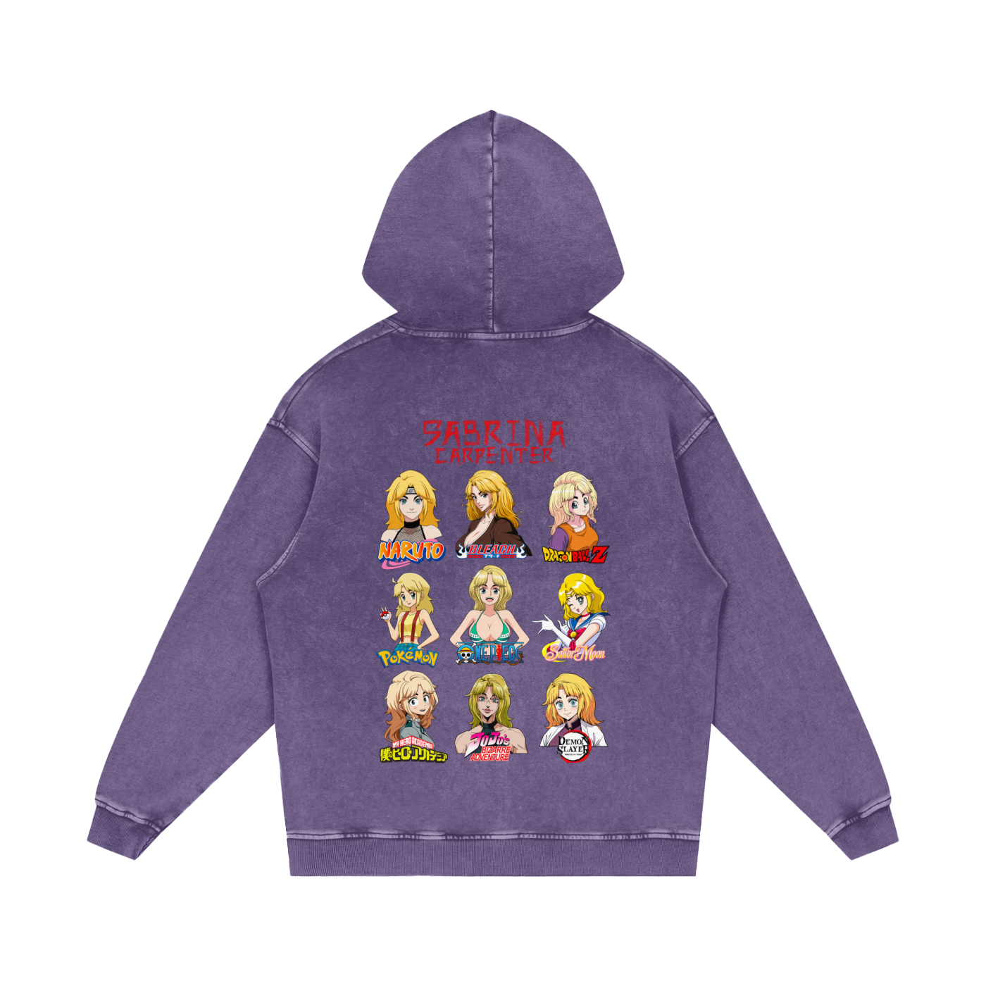 Sabrina Carpenter Anime Art Styles Purple Acid Wash Hoodie, Naruto, Bleach, Dragonball Z, Pokémon, One Piece, Sailor Moon, My Hero Academia, Jojo's Bizarre Adventure, Demon Slayer
