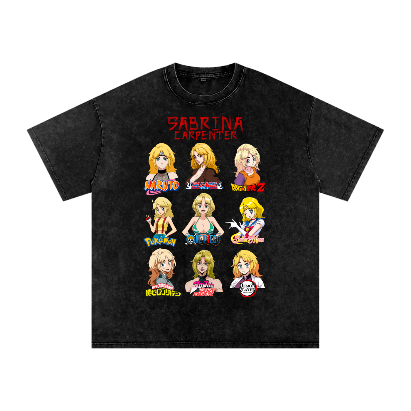 Sabrina Carpenter Anime Art Styles Black Acid Wash Tee, Naruto, Bleach, Dragonball Z, Pokémon, One Piece, Sailor Moon, My Hero Academia, Jojo's Bizarre Adventure, Demon Slayer
