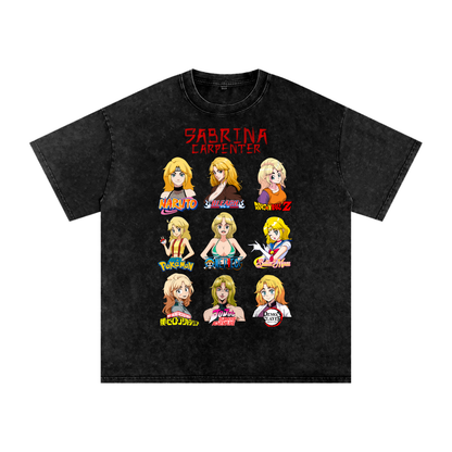 Sabrina Carpenter Anime Art Styles Black Acid Wash Tee, Naruto, Bleach, Dragonball Z, Pokémon, One Piece, Sailor Moon, My Hero Academia, Jojo's Bizarre Adventure, Demon Slayer