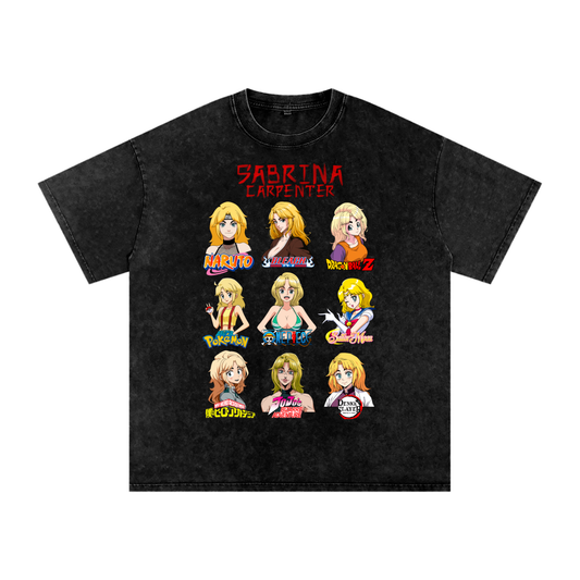 Sabrina Carpenter Anime Art Styles Black Acid Wash Tee, Naruto, Bleach, Dragonball Z, Pokémon, One Piece, Sailor Moon, My Hero Academia, Jojo's Bizarre Adventure, Demon Slayer