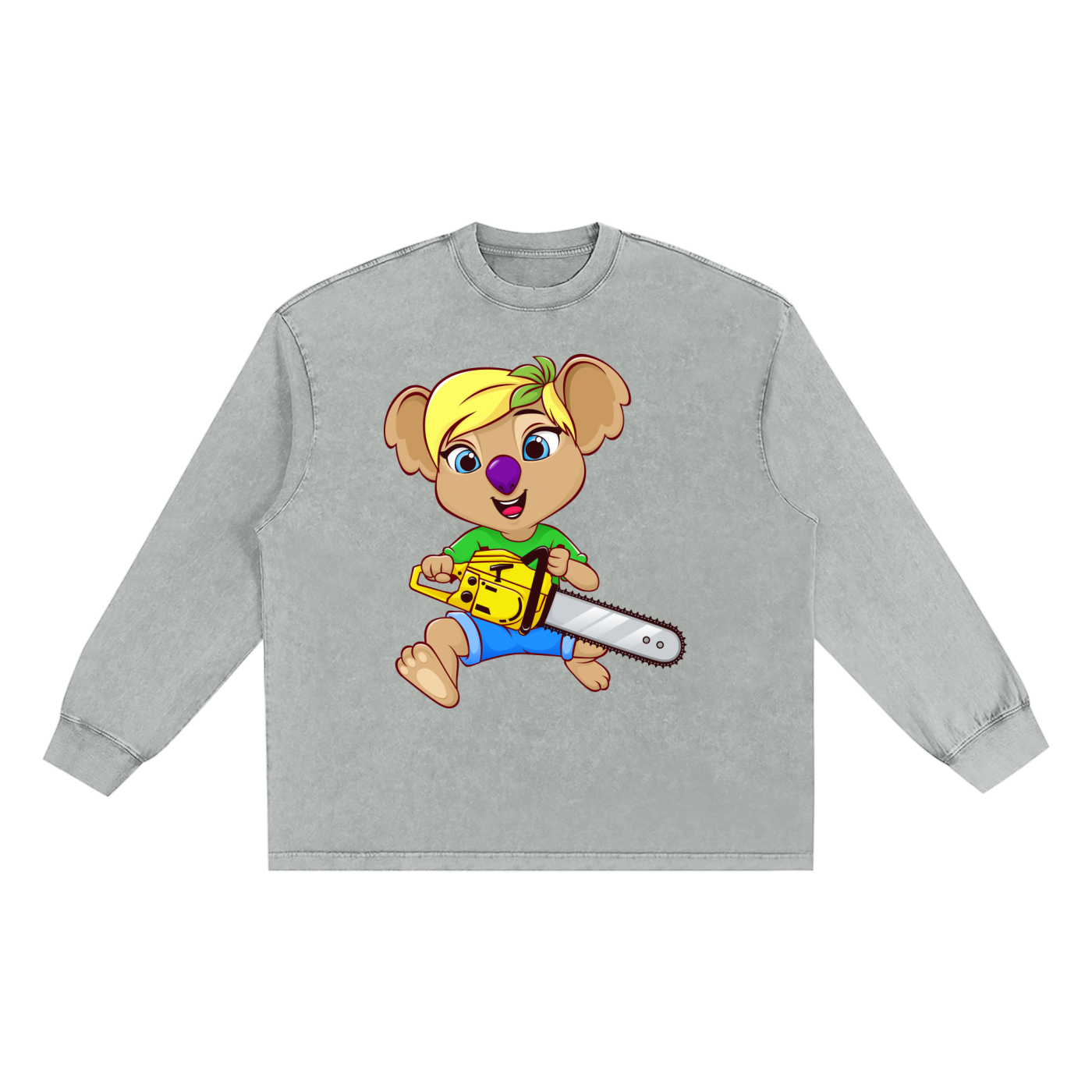 Disney Style Koala Chainsaw Snow Washed Long Sleeve Light Grey Tee