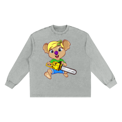 Disney Style Koala Chainsaw Snow Washed Long Sleeve Light Grey Tee