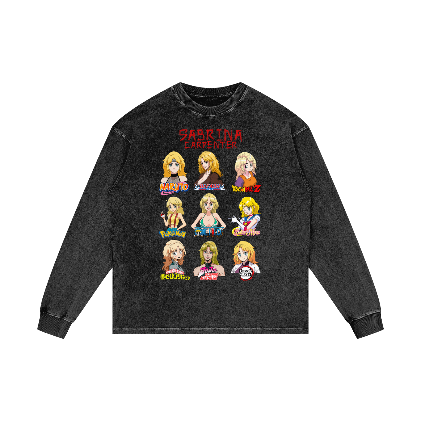 Sabrina Carpenter Anime Art Styles Black Acid Wash Long Sleeve Tee, Naruto, Bleach, Dragonball Z, Pokémon, One Piece, Sailor Moon, My Hero Academia, Jojo's Bizarre Adventure, Demon Slayer