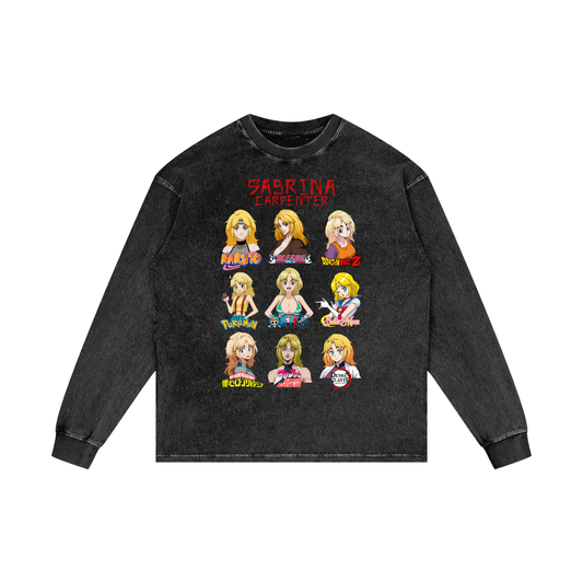 Sabrina Carpenter Anime Art Styles Black Acid Wash Long Sleeve Tee, Naruto, Bleach, Dragonball Z, Pokémon, One Piece, Sailor Moon, My Hero Academia, Jojo's Bizarre Adventure, Demon Slayer