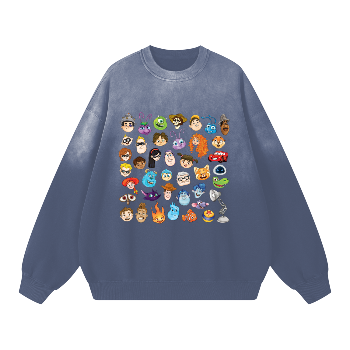 Watercolour Disney Pixar Protagonist Icons Dusty Navy Sunfaded Acid Wash Sweatshirt, Toy Story, A Bug’s Life, Monsters, Inc., Finding Nemo, The Incredibles, Cars, Ratatouille, WALL-E, Up, Brave, Inside Out, The Good Dinosaur, Coco, Onward, Soul, Luca, Turning Red, Elemental, Elio, Hoppers, Gatto
