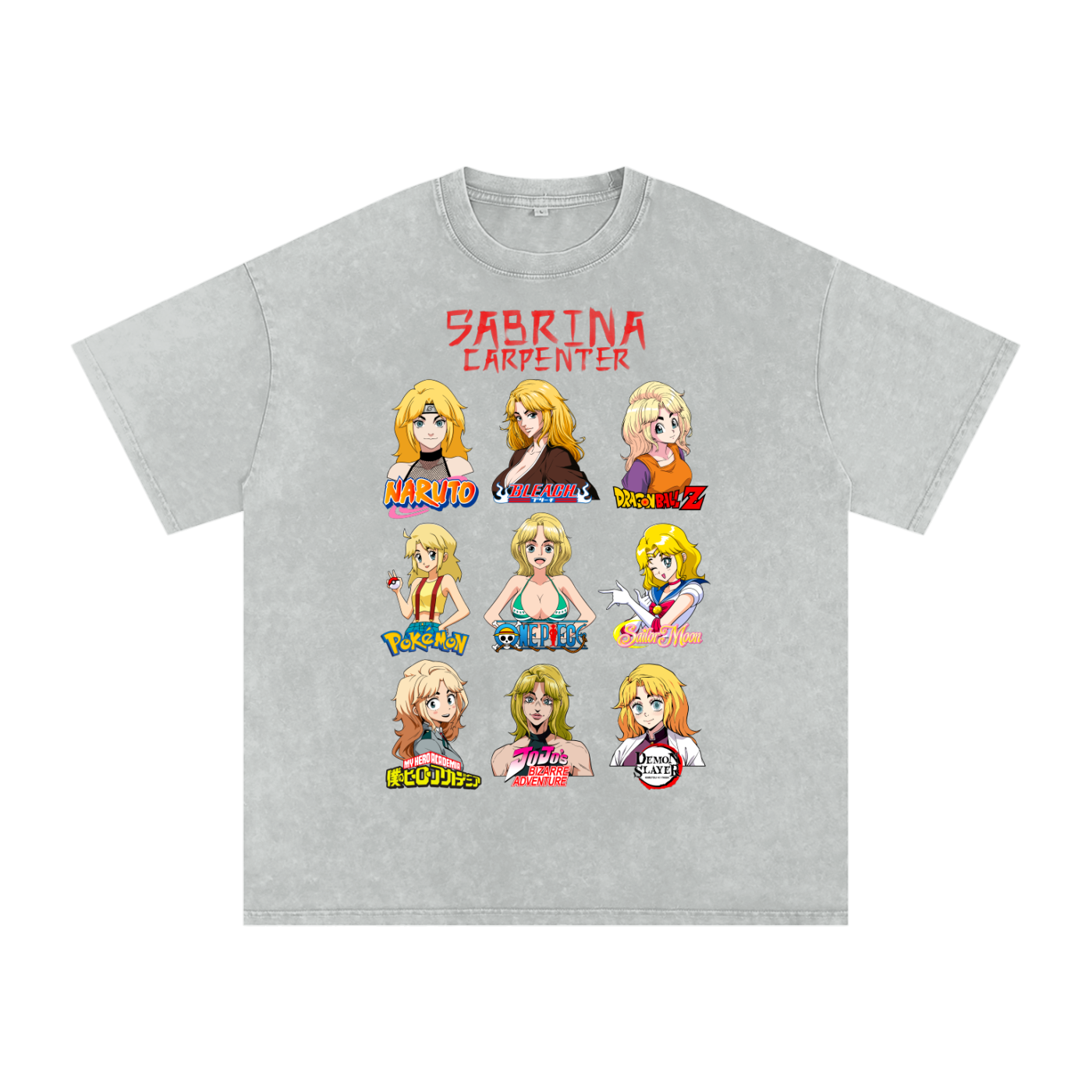Sabrina Carpenter Anime Art Styles Light Grey Acid Wash Tee, Naruto, Bleach, Dragonball Z, Pokémon, One Piece, Sailor Moon, My Hero Academia, Jojo's Bizarre Adventure, Demon Slayer