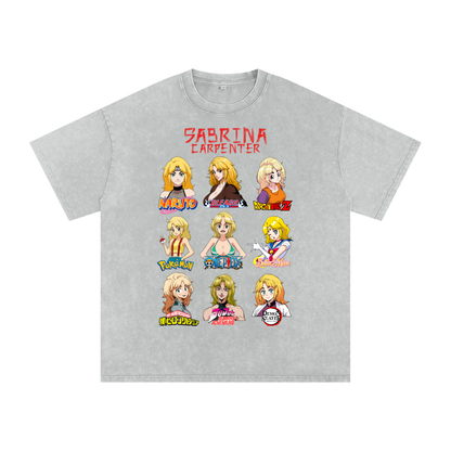Sabrina Carpenter Anime Art Styles Light Grey Acid Wash Tee, Naruto, Bleach, Dragonball Z, Pokémon, One Piece, Sailor Moon, My Hero Academia, Jojo's Bizarre Adventure, Demon Slayer