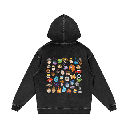 Watercolour Disney Pixar Protagonist Icons Black Acid Wash Hoodie, Toy Story, A Bug’s Life, Monsters, Inc., Finding Nemo, The Incredibles, Cars, Ratatouille, WALL-E, Up, Brave, Inside Out, The Good Dinosaur, Coco, Onward, Soul, Luca, Turning Red, Elemental, Elio, Hoppers, Gatto