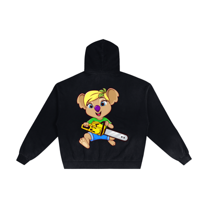 Disney Style Koala Chainsaw Black Sunfaded Zip-Up Hoodie