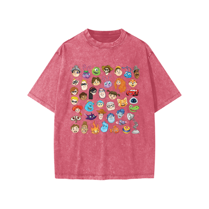 Watercolour Disney Pixar Protagonist Icons Crimson Snow Washed Kids' Tee, Toy Story, A Bug’s Life, Monsters, Inc., Finding Nemo, The Incredibles, Cars, Ratatouille, WALL-E, Up, Brave, Inside Out, The Good Dinosaur, Coco, Onward, Soul, Luca, Turning Red, Elemental, Elio, Hoppers, Gatto