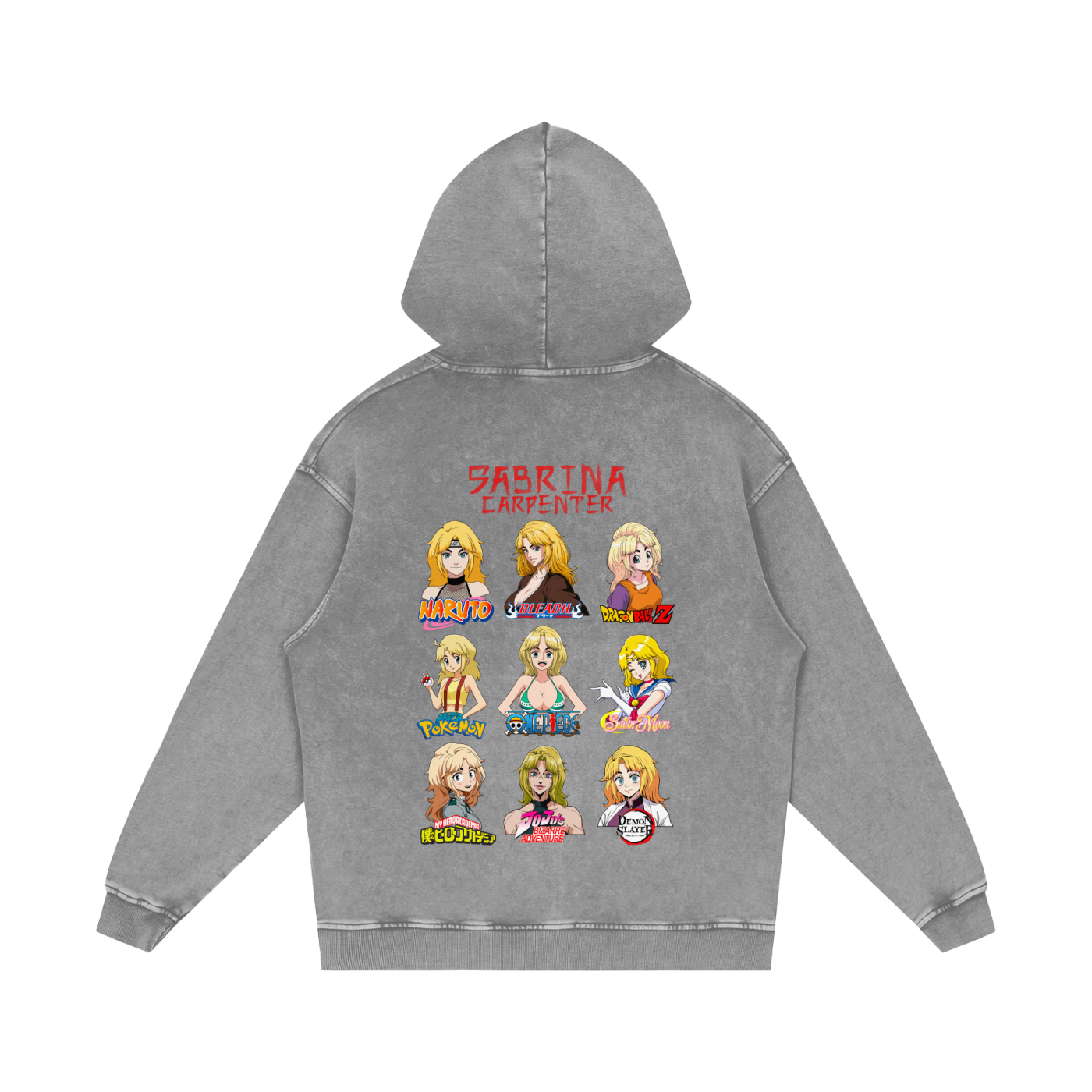 Sabrina Carpenter Anime Art Styles Light Grey Acid Wash Hoodie, Naruto, Bleach, Dragonball Z, Pokémon, One Piece, Sailor Moon, My Hero Academia, Jojo's Bizarre Adventure, Demon Slayer