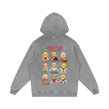 Sabrina Carpenter Anime Art Styles Light Grey Acid Wash Hoodie, Naruto, Bleach, Dragonball Z, Pokémon, One Piece, Sailor Moon, My Hero Academia, Jojo's Bizarre Adventure, Demon Slayer