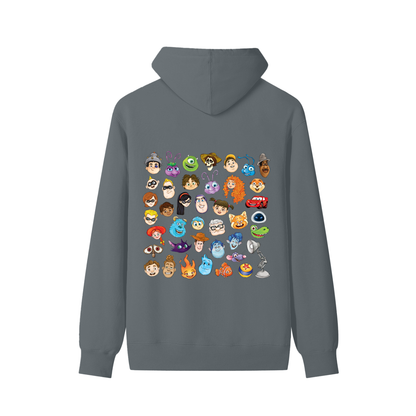 Watercolour Disney Pixar Protagonist Icons Dark Grey Classic Hoodie, Toy Story, A Bug’s Life, Monsters, Inc., Finding Nemo, The Incredibles, Cars, Ratatouille, WALL-E, Up, Brave, Inside Out, The Good Dinosaur, Coco, Onward, Soul, Luca, Turning Red, Elemental, Elio, Hoppers, Gatto