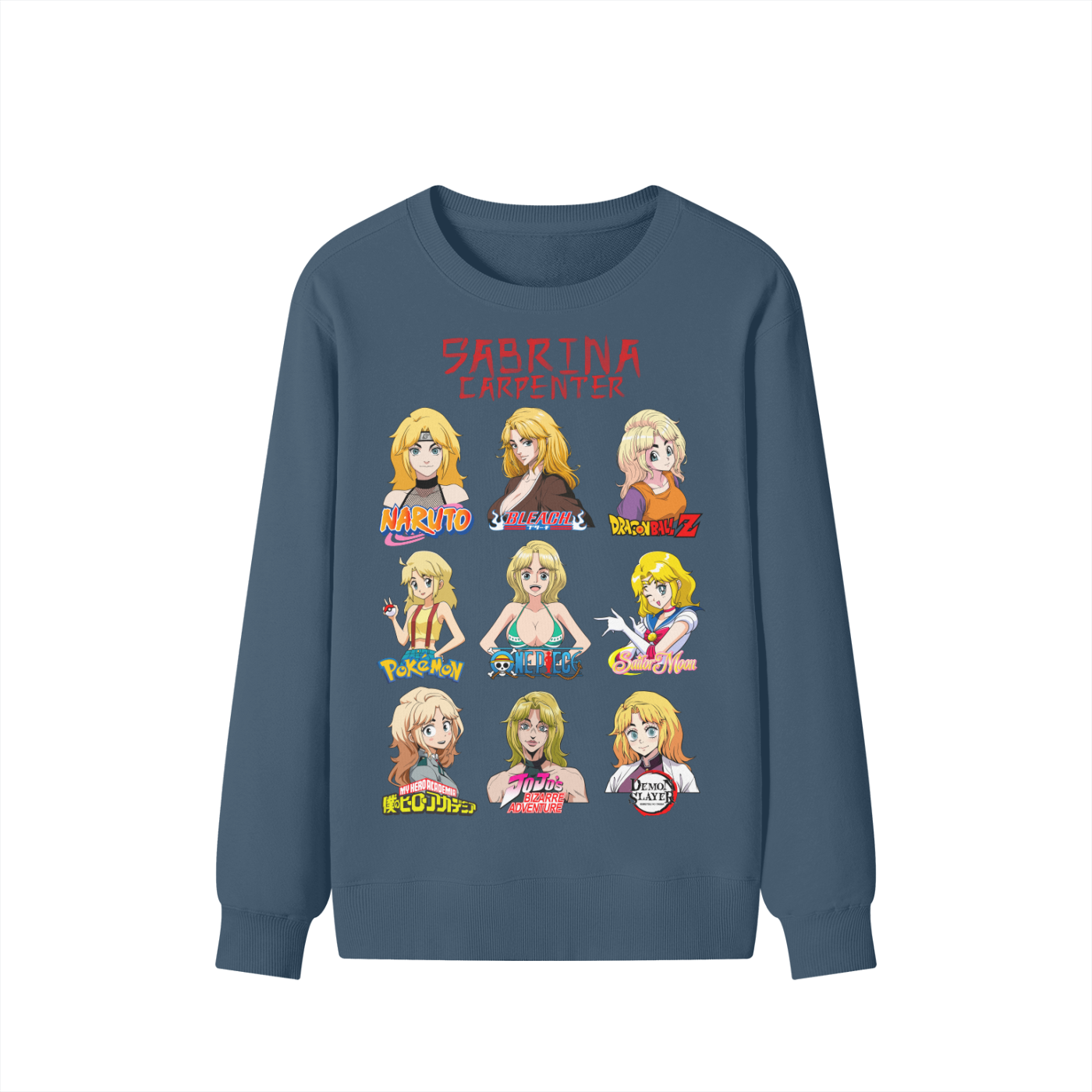 Sabrina Carpenter Anime Art Styles Dusty Navy Classic Sweatshirt, Naruto, Bleach, Dragonball Z, Pokémon, One Piece, Sailor Moon, My Hero Academia, Jojo's Bizarre Adventure, Demon Slayer