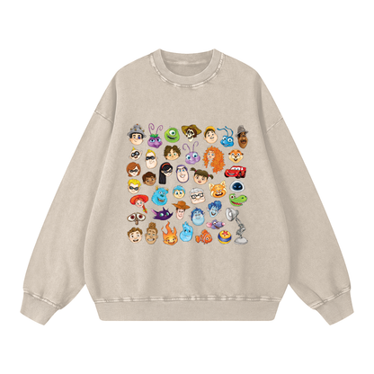Watercolour Disney Pixar Protagonist Icons Light Khaki Acid Wash Sweatshirt, Toy Story, A Bug’s Life, Monsters, Inc., Finding Nemo, The Incredibles, Cars, Ratatouille, WALL-E, Up, Brave, Inside Out, The Good Dinosaur, Coco, Onward, Soul, Luca, Turning Red, Elemental, Elio, Hoppers, Gatto