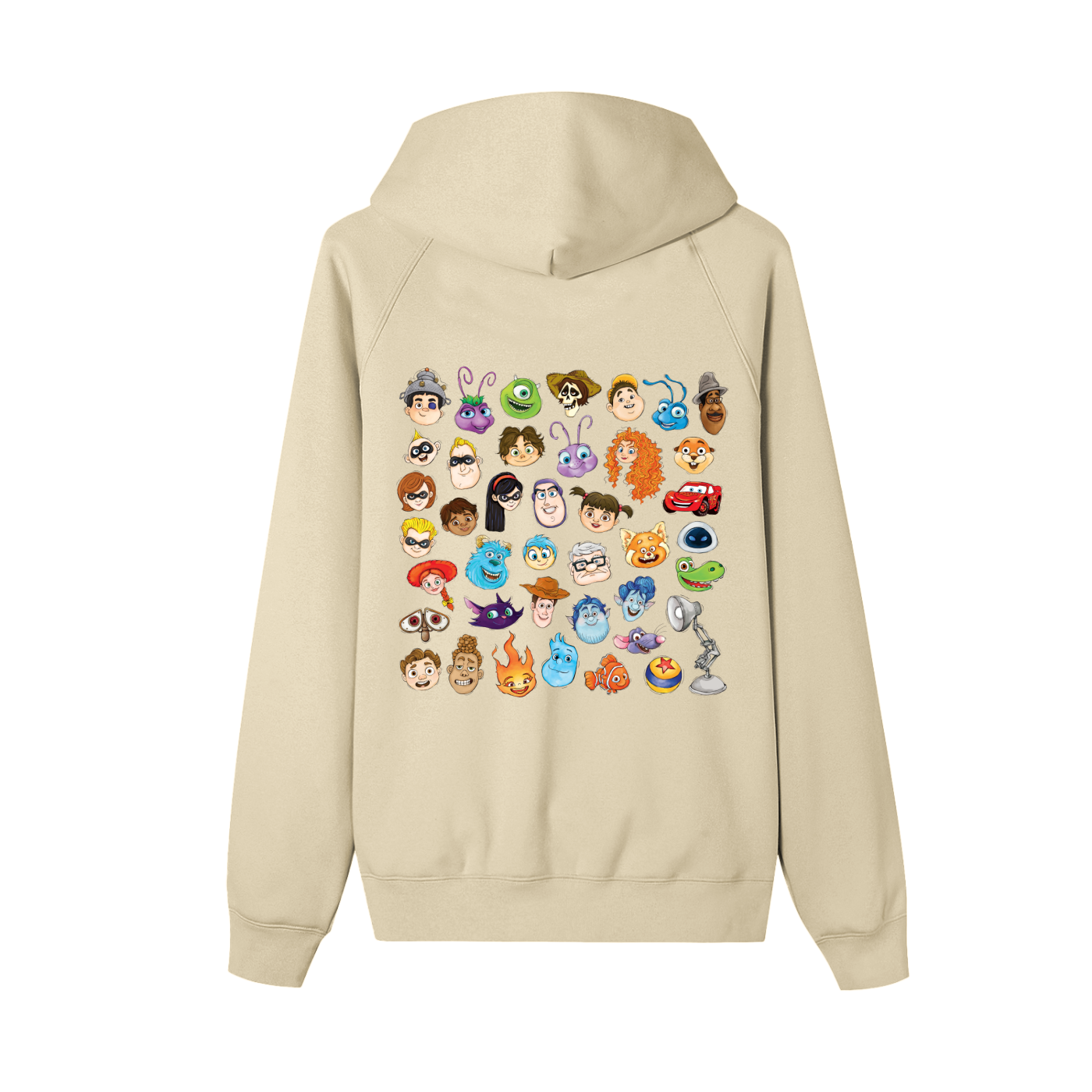 Watercolour Disney Pixar Protagonist Icons Light Khaki Zip-Up Fleece Hoodie, Toy Story, A Bug’s Life, Monsters, Inc., Finding Nemo, The Incredibles, Cars, Ratatouille, WALL-E, Up, Brave, Inside Out, The Good Dinosaur, Coco, Onward, Soul, Luca, Turning Red, Elemental, Elio, Hoppers, Gatto