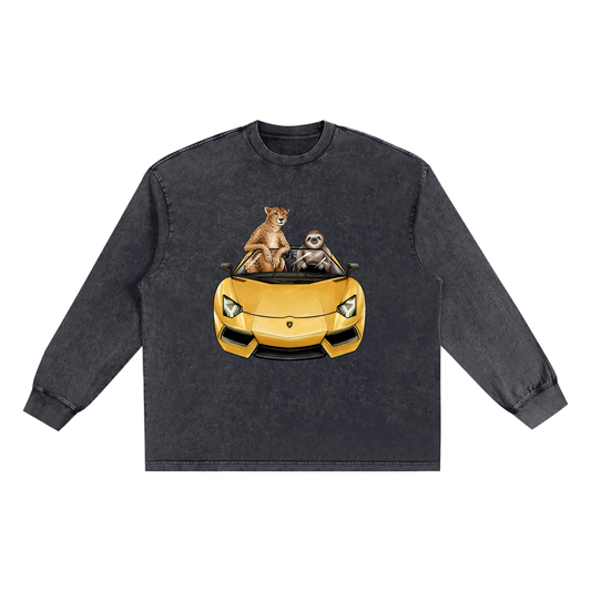 Cheetah & Sloth Lamborghini Aventador Black Snow Washed Long Sleeve Tee