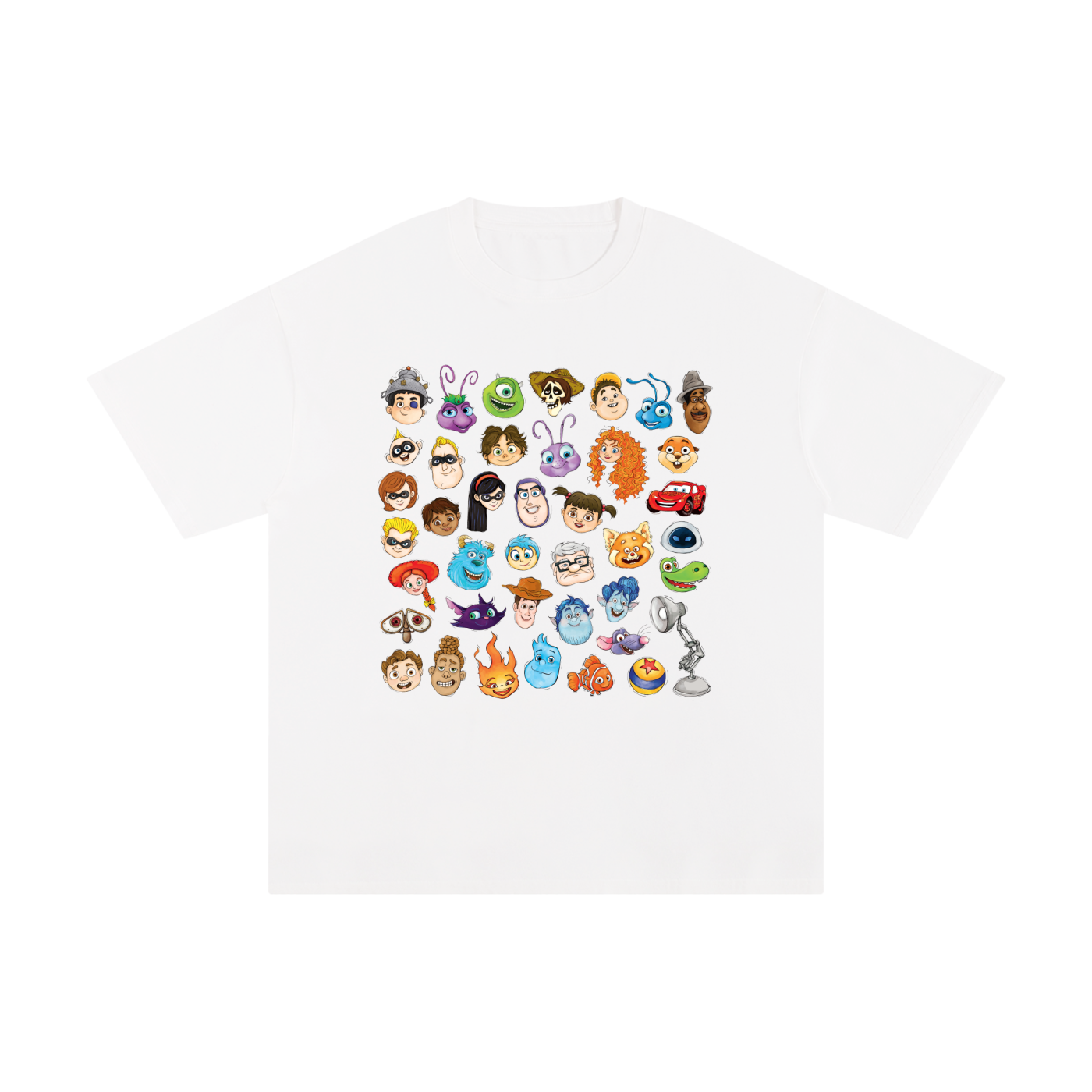 Watercolour Disney Pixar Protagonist Icons White Classic Tee, Toy Story, A Bug’s Life, Monsters, Inc., Finding Nemo, The Incredibles, Cars, Ratatouille, WALL-E, Up, Brave, Inside Out, The Good Dinosaur, Coco, Onward, Soul, Luca, Turning Red, Elemental, Elio, Hoppers, Gatto