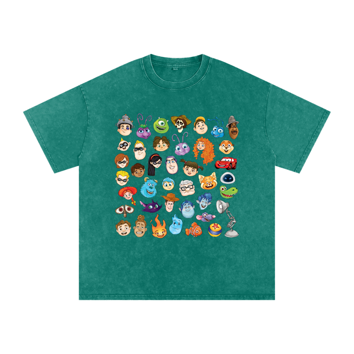 Watercolour Disney Pixar Protagonist Icons Dark Green Acid Wash Tee, Toy Story, A Bug’s Life, Monsters, Inc., Finding Nemo, The Incredibles, Cars, Ratatouille, WALL-E, Up, Brave, Inside Out, The Good Dinosaur, Coco, Onward, Soul, Luca, Turning Red, Elemental, Elio, Hoppers, Gatto