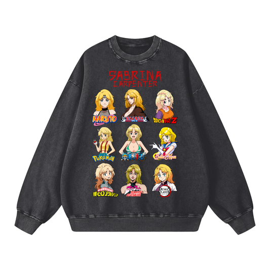 Sabrina Carpenter Anime Art Styles Black Acid Wash Sweatshirt, Naruto, Bleach, Dragonball Z, Pokémon, One Piece, Sailor Moon, My Hero Academia, Jojo's Bizarre Adventure, Demon Slayer