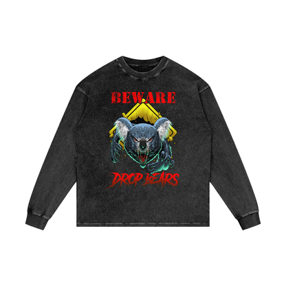 Beware Drop Bear Black Acid Wash Long Sleeve Tee