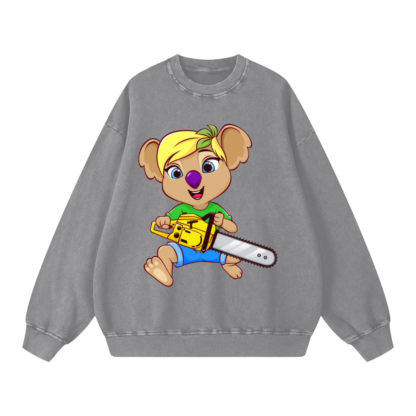 Disney Style Koala Chainsaw Acid Wash Light Grey Sweatshirt