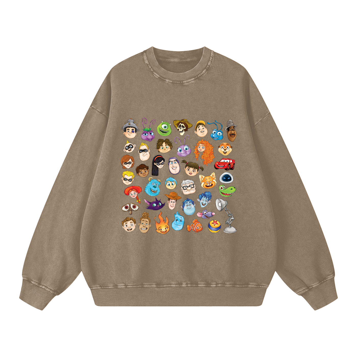 Watercolour Disney Pixar Protagonist Icons Warm Taupe Acid Wash Sweatshirt, Toy Story, A Bug’s Life, Monsters, Inc., Finding Nemo, The Incredibles, Cars, Ratatouille, WALL-E, Up, Brave, Inside Out, The Good Dinosaur, Coco, Onward, Soul, Luca, Turning Red, Elemental, Elio, Hoppers, Gatto