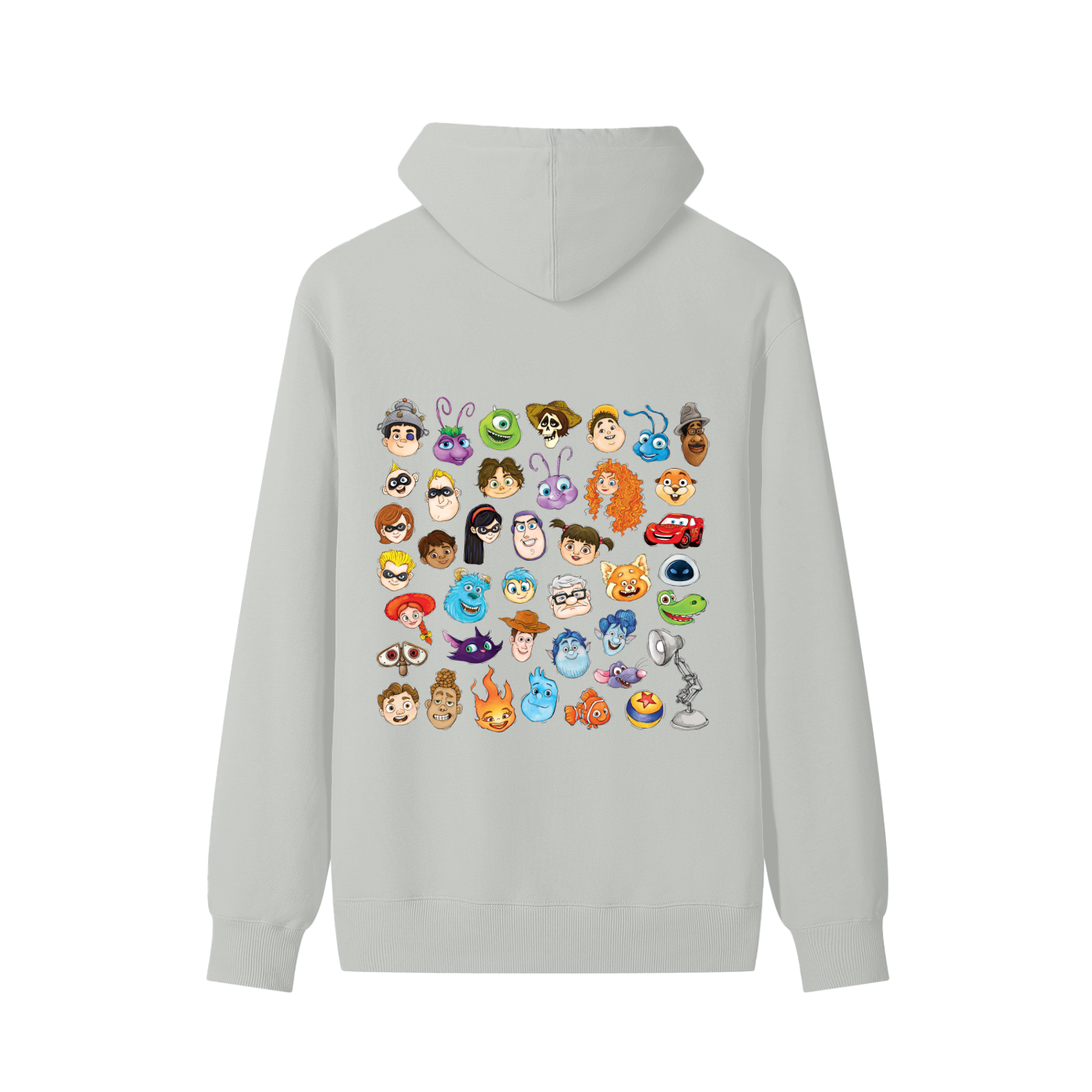 Watercolour Disney Pixar Protagonist Icons Sage Grey Classic Hoodie, Toy Story, A Bug’s Life, Monsters, Inc., Finding Nemo, The Incredibles, Cars, Ratatouille, WALL-E, Up, Brave, Inside Out, The Good Dinosaur, Coco, Onward, Soul, Luca, Turning Red, Elemental, Elio, Hoppers, Gatto