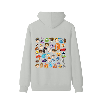 Watercolour Disney Pixar Protagonist Icons Sage Grey Classic Hoodie, Toy Story, A Bug’s Life, Monsters, Inc., Finding Nemo, The Incredibles, Cars, Ratatouille, WALL-E, Up, Brave, Inside Out, The Good Dinosaur, Coco, Onward, Soul, Luca, Turning Red, Elemental, Elio, Hoppers, Gatto