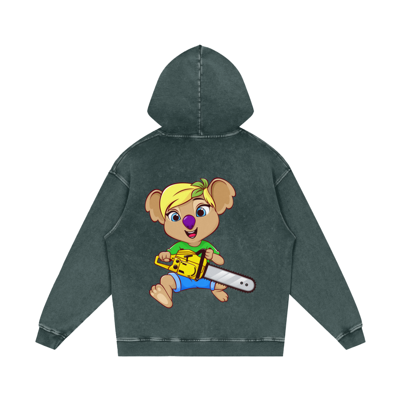 Disney Style Koala Chainsaw Acid Wash Dark Green Hoodie