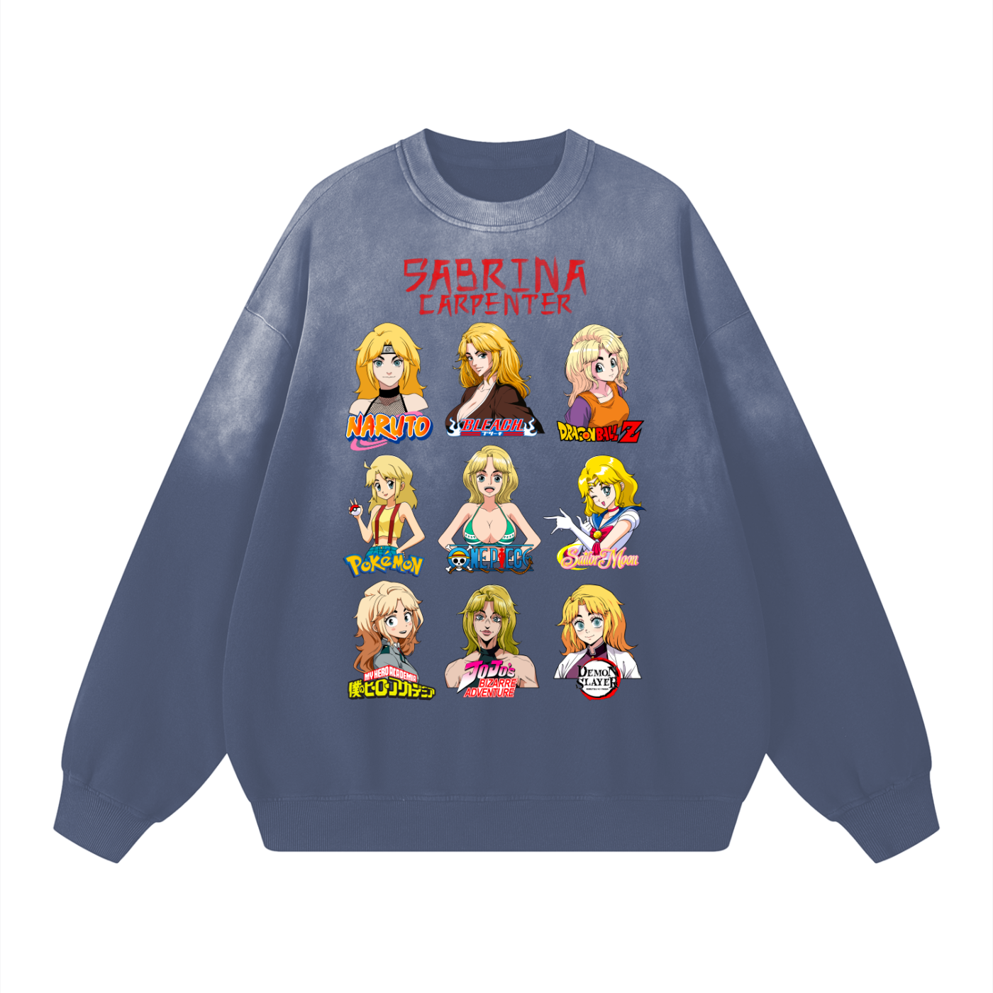 Sabrina Carpenter Anime Art Styles Dusty Navy Sunfaded Acid Wash Sweatshirt, Naruto, Bleach, Dragonball Z, Pokémon, One Piece, Sailor Moon, My Hero Academia, Jojo's Bizarre Adventure, Demon Slayer