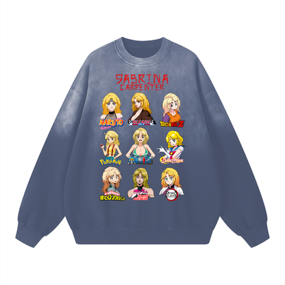 Sabrina Carpenter Anime Art Styles Dusty Navy Sunfaded Acid Wash Sweatshirt, Naruto, Bleach, Dragonball Z, Pokémon, One Piece, Sailor Moon, My Hero Academia, Jojo's Bizarre Adventure, Demon Slayer